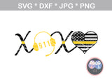 911 XOXO Dispatcher, headset, Police, heart, Hero, digital download, SVG, DXF, cut file, personal, commercial, use with Silhouette Cameo, Cricut and Die Cutting Machines
