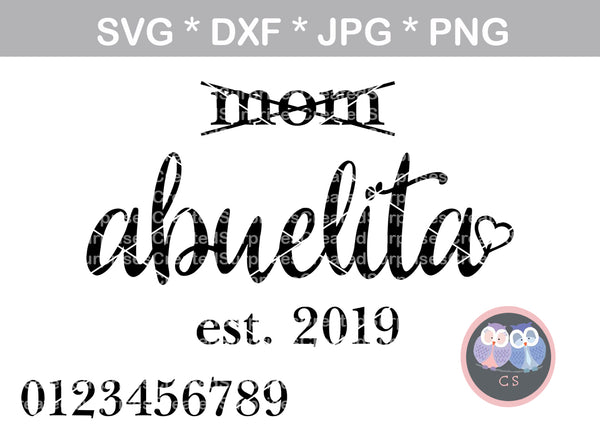 Mom, graduated to Abuelita, est date, changable numbers, heart, digital download, SVG, DXF, cut file, personal, commercial, use with Silhouette Cameo, Cricut and Die Cutting Machines