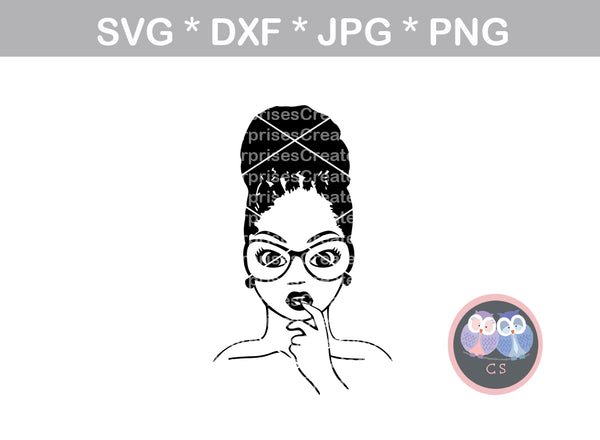 Afro woman, loc bun, finger in mouth, diva, wild hair, afro, girl, digital download, SVG, DXF, cut file, personal, commercial, use with Silhouette Cameo, Cricut and Die Cutting Machines