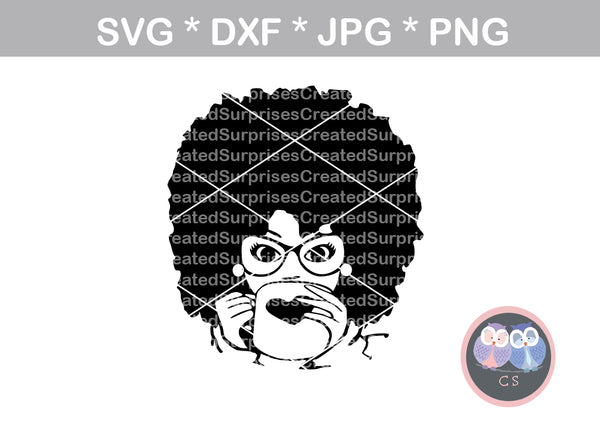 Afro woman, Drinking Coffee Diva, heart mug, wild hair, girl, Diva woman, glasses, digital download, SVG, DXF, cut file, personal, commercial, use with Silhouette Cameo, Cricut and Die Cutting Machines