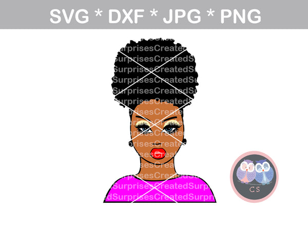 Afro woman, diva, wild hair, afro puff, black girl, digital download, SVG, DXF, cut file, personal, commercial, use with Silhouette Cameo, Cricut and Die Cutting Machines