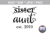 Sister, graduated to Aunt, est date, changable numbers, heart, digital download, SVG, DXF, cut file, personal, commercial, use with Silhouette Cameo, Cricut and Die Cutting Machines