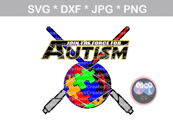 Join the force for Autism, saber, puzzle, autism awareness, digital download, SVG, DXF, cut file, personal, commercial, use with Silhouette Cameo, Cricut and Die Cutting Machines