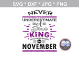 Never Underestimate A Black King born in (All Months Included), digital download, SVG, DXF, cut file, personal, commercial, use with Silhouette Cameo, Cricut and Die Cutting Machines