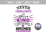 Never Underestimate A Black King 2 born in (All Months Included), birthday, digital download, SVG, DXF, cut file, personal, commercial, use with Silhouette Cameo, Cricut and Die Cutting Machines