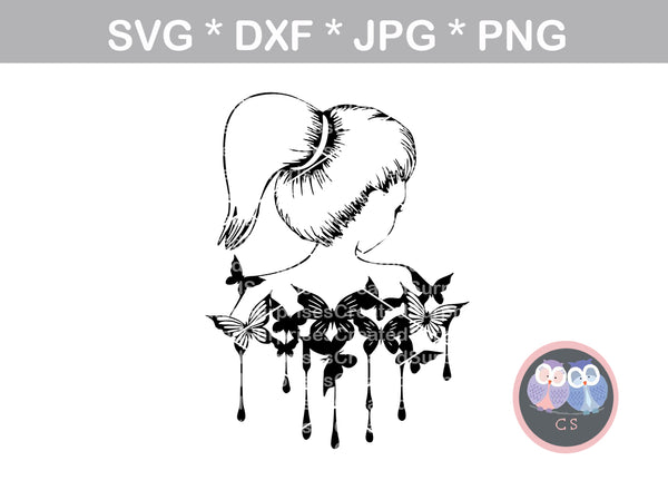 Ponytail woman, Butterfly, dripping butterflies, Diva, digital download, SVG, DXF, cut file, personal, commercial, use with Silhouette Cameo, Cricut and Die Cutting Machines
