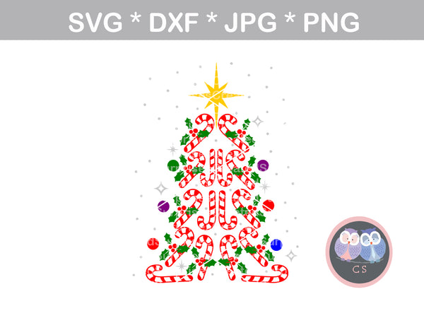 Candy Cane Tree, Christmas, Ornament, Star, digital download, SVG, DXF, cut file, personal, commercial, use with Silhouette Cameo, Cricut and Die Cutting Machines