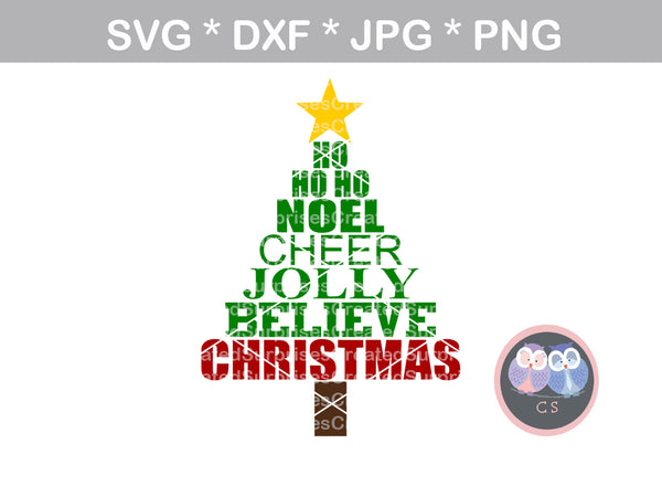 Christmas, Tree, word art, digital download, SVG, DXF, cut file, personal, commercial, use with Silhouette Cameo, Cricut and Die Cutting Machines