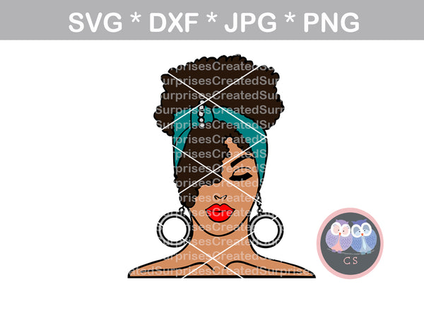 Afro woman, Curly hair, wild hair, black woman, girl, Diva woman, scarf, digital download, SVG, DXF, cut file, personal, commercial, use with Silhouette Cameo, Cricut and Die Cutting Machines