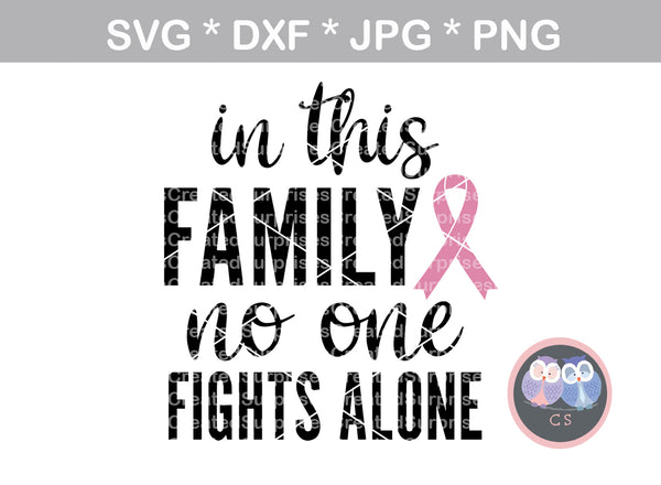 In This Family no one fights alone, Cancer, Hope, Believe, Faith, Pink Ribbon, cancer awareness, digital download, SVG, DXF, cut file, personal, commercial, use with Silhouette Cameo, Cricut and Die Cutting Machines