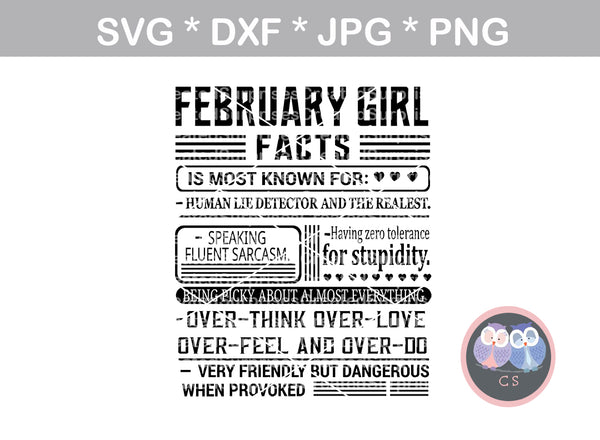 February Girl Facts, sassy, saying, digital download, SVG, DXF, cut file, personal, commercial, use with Silhouette Cameo, Cricut and Die Cutting Machines