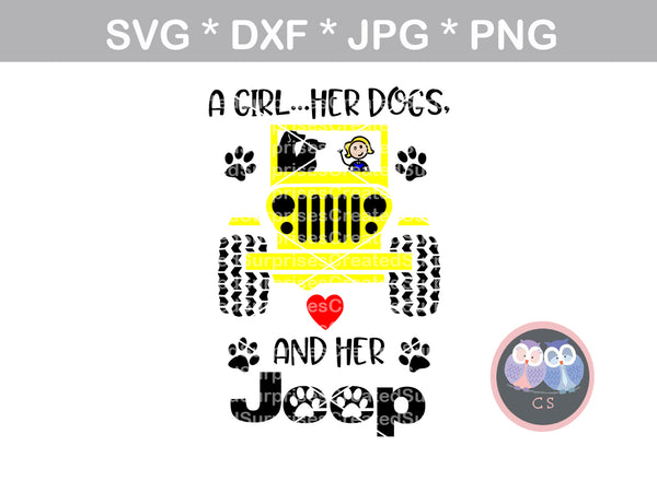 Girl, Her Dogs and her Jeep, heart, paw, digital download, SVG, DXF, cut file, personal, commercial, use with Silhouette Cameo, Cricut and Die Cutting Machines