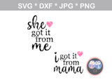 She got it from me, I got it from mama, mommy and me, digital download, SVG, DXF, cut file, personal, commercial, use with Silhouette Cameo, Cricut and Die Cutting Machines