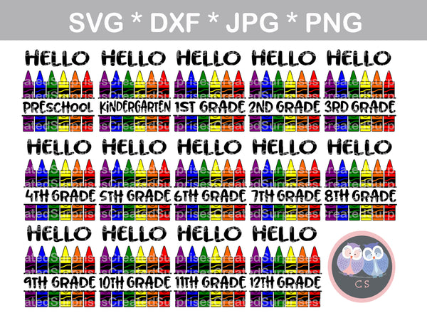 Hello, preschool, kinder, kindergarten, 1st-12th, grade, school, crayons, split crayons, digital download, SVG, DXF, cut file, personal, commercial, use with Silhouette Cameo, Cricut and Die Cutting Machines