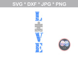 Love, puzzle, autism awareness, digital download, SVG, DXF, cut file, personal, commercial, use with Silhouette Cameo, Cricut and Die Cutting Machines