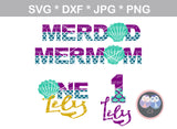 Mermaid Birthday Family, Mom, Dad, Birthday girl, One,1, (name not included) shell, digital download, SVG, DXF, cut file, personal, commercial, use with Silhouette Cameo, Cricut and Die Cutting Machines