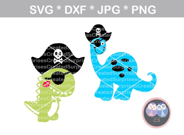 Dinosaur Pirate duo, T-rex, pirate, eye patch, digital download, SVG, DXF, cut file, personal, commercial, use with Silhouette Cameo, Cricut and Die Cutting Machines