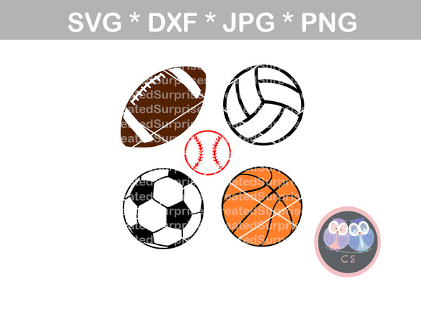 Football, Basketball, Baseball, Volleyball, Soccerball, sports balls, digital download, SVG, DXF, cut file, personal, commercial, use with Silhouette Cameo, Cricut and Die Cutting Machines