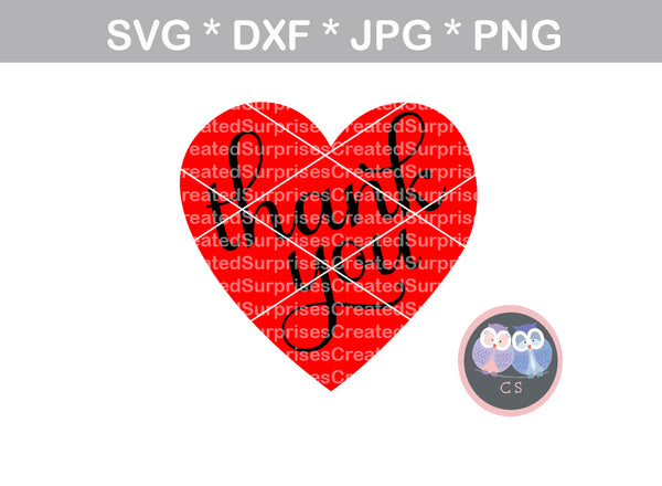 Thank You Heart, Thanks, digital download, SVG, DXF, cut file, personal, commercial, use with Silhouette Cameo, Cricut and Die Cutting Machines