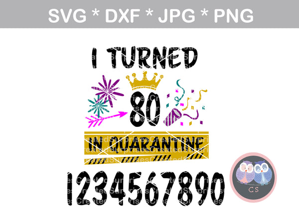I turned (age) (All numbers included) in quarantine, funny, digital download, SVG, DXF, cut file, personal, commercial, use with Silhouette, Cricut and Die Cutting Machines
