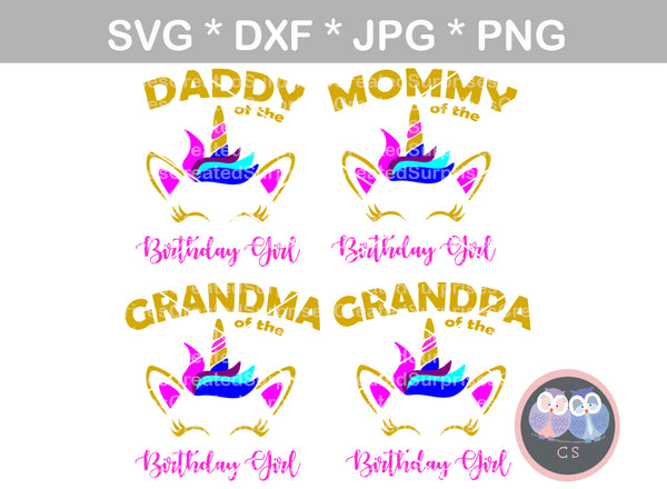 Mommy, Daddy, Grandma, Grandpa, of the Birthday girl, Unicorn face, horn, digital download, SVG, DXF, cut file, personal, commercial, use with Silhouette Cameo, Cricut and Die Cutting Machines