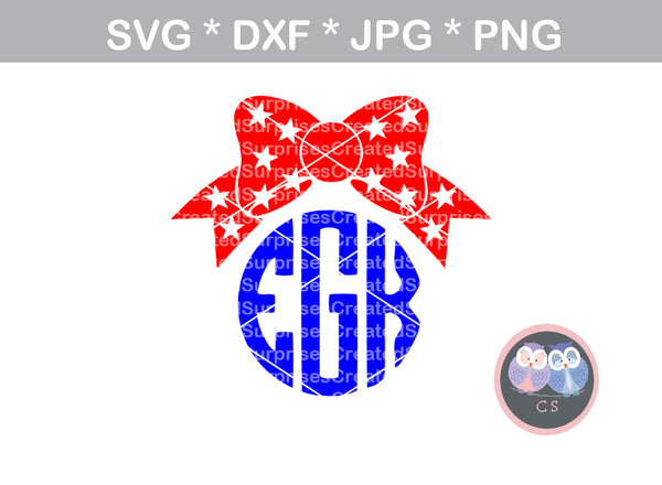 4th of July Bow, Stars, Monogram Frame, digital download, SVG, DXF, cut file, personal, commercial, use with Silhouette Cameo, Cricut and Die Cutting Machines