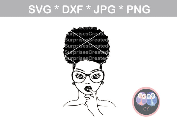 Afro woman, bun, finger in mouth, diva, wild hair, afro, girl, digital download, SVG, DXF, cut file, personal, commercial, use with Silhouette Cameo, Cricut and Die Cutting Machines