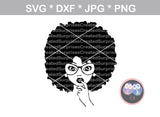 Afro woman, finger in mouth, diva, wild hair, afro, girl, digital download, SVG, DXF, cut file, personal, commercial, Silhouette, Cricut