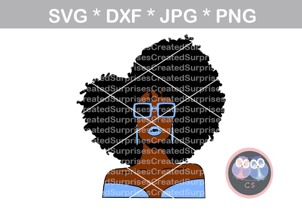 Afro, wild hair, girl, Diva woman, square glasses, digital download, SVG, DXF, cut file, personal, commercial, use with Silhouette Cameo, Cricut and Die Cutting Machines