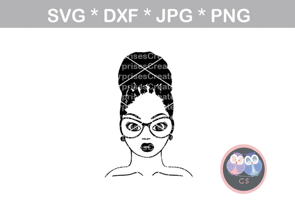 Afro woman, Loc bun, diva, wild hair, afro, girl, digital download, SVG, DXF, cut file, personal, commercial, use with Silhouette Cameo, Cricut and Die Cutting Machines