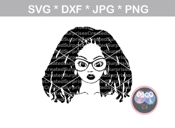 Afro woman, locs, diva, wild hair, afro, girl, digital download, SVG, DXF, cut file, personal, commercial, use with Silhouette Cameo, Cricut and Die Cutting Machines