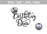Birthday Diva, crown, digital download, SVG, DXF, cut file, personal, commercial, use with Silhouette Cameo, Cricut and Die Cutting Machines