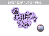 Birthday Diva, crown, digital download, SVG, DXF, cut file, personal, commercial, use with Silhouette Cameo, Cricut and Die Cutting Machines
