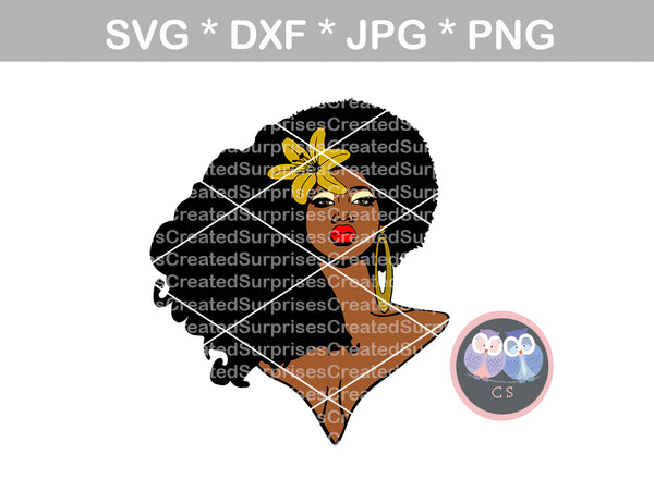 Afro woman, wild hair, girl, Diva woman, black woman, flower, digital download, SVG, DXF, cut file, personal, commercial, use with Silhouette Cameo, Cricut and Die Cutting Machines