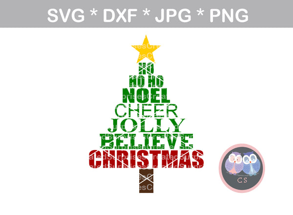 Christmas, Tree, word art, digital download, SVG, DXF, cut file, personal, commercial, use with Silhouette Cameo, Cricut and Die Cutting Machines