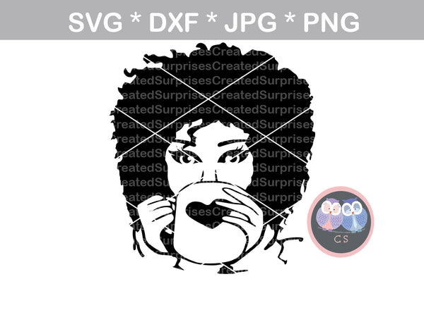 Drinking Coffee Diva, no glasses, wild hair, girl, Diva woman, glasses, digital download, SVG, DXF, cut file, personal, commercial, use with Silhouette Cameo, Cricut and Die Cutting Machines