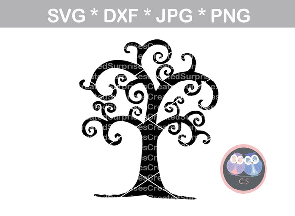 Curly Tree, family tree, swirl tree, tree, digital download, SVG, DXF, cut file, personal, commercial, use with Silhouette Cameo, Cricut and Die Cutting Machines