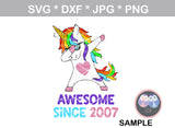 Dab Unicorn, Awesome since, date of choice, all numbers included, digital download, SVG, DXF, cut file, personal, commercial, use with Silhouette Cameo, Cricut and Die Cutting Machines