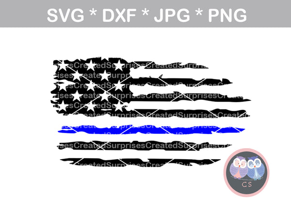 US Flag, Distressed, Thin blue line, Police, Hero, digital download, SVG, DXF, cut file, personal, commercial, use with Silhouette Cameo, Cricut and Die Cutting Machines