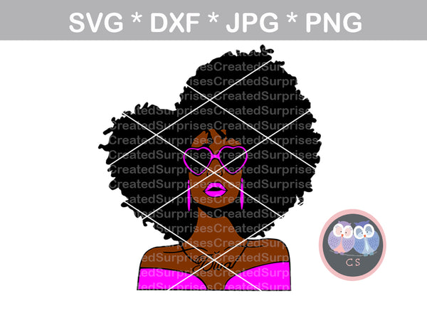 Diva, wild hair, girl, Diva woman, heart glasses, digital download, SVG, DXF, cut file, personal, commercial, use with Silhouette Cameo, Cricut and Die Cutting Machines