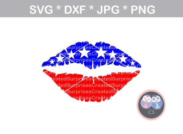 Flag Lips, American, 4th of July, Stars, Stripes, digital download, SVG, DXF, cut file, personal, commercial, use with Silhouette Cameo, Cricut and Die Cutting Machines