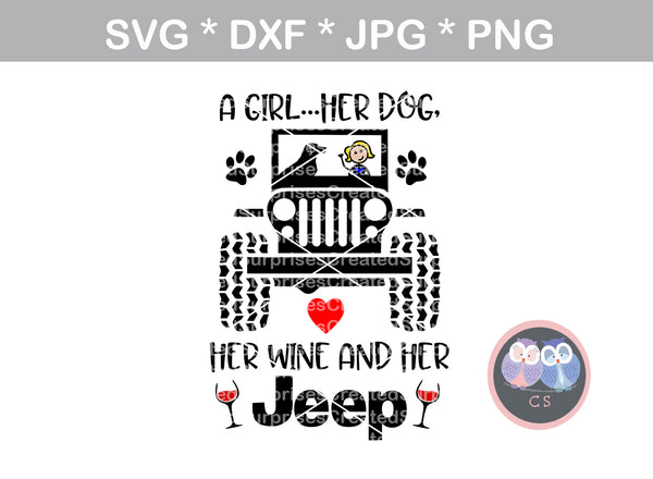 Girl and Her Dog, Wine, Jeep, heart, paw, digital download, SVG, DXF, cut file, personal, commercial, use with Silhouette Cameo, Cricut and Die Cutting Machines