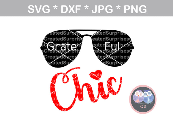 Grateful Chic, Glasses, Blessed, heart, digital download, SVG, DXF, cut file, personal, commercial, use with Silhouette Cameo, Cricut and Die Cutting Machines