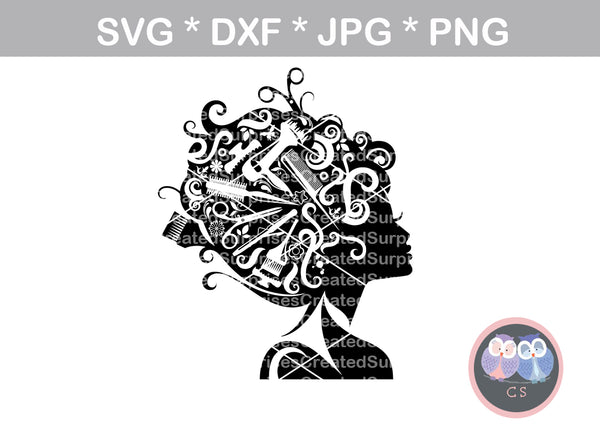 Hairstylist Girl, cosmetology, hairdresser, scissors, hair, woman, digital download, SVG, DXF, cut file, personal, commercial, use with Silhouette Cameo, Cricut and Die Cutting Machines