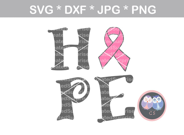 Hope Pink Ribbon, cancer awareness, digital download, SVG, DXF, cut file, personal, commercial, use with Silhouette Cameo, Cricut and Die Cutting Machines