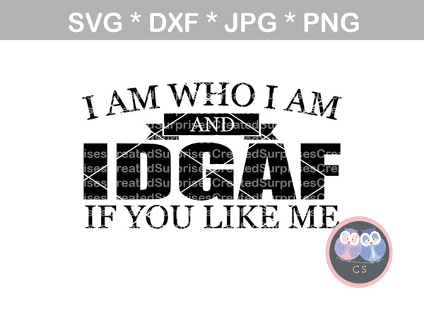 I am who I am, IDGAF, if you like me, funny, digital download, SVG, DXF, cut file, personal, commercial, use with Silhouette, Cricut and Die Cutting Machines