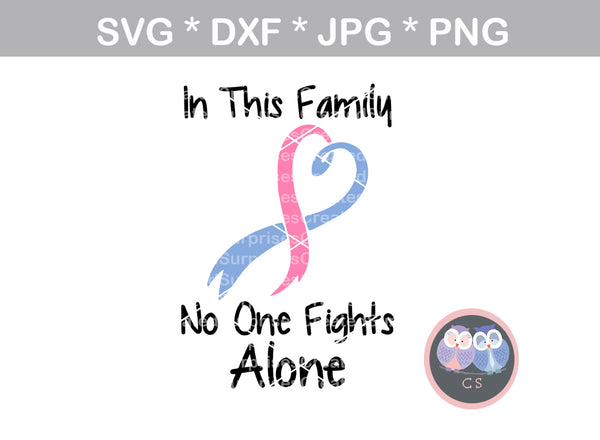 In This Family no one fights alone, Cancer, Hope, Believe, Faith, Pink Ribbon, cancer awareness, digital download, SVG, DXF, cut file, personal, commercial, use with Silhouette Cameo, Cricut and Die Cutting Machines