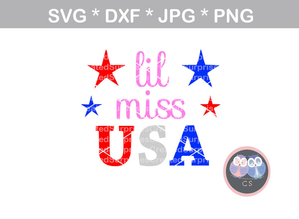 Lil Miss USA, July, Independence day, digital download, SVG, DXF, cut file, personal, commercial, use with Silhouette Cameo, Cricut and Die Cutting Machines
