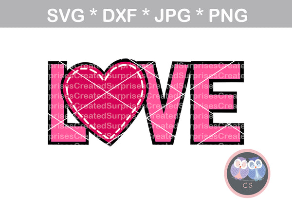 Love, heart stitching, digital download, SVG, DXF, cut file, personal, commercial, use with Silhouette Cameo, Cricut and Die Cutting Machines