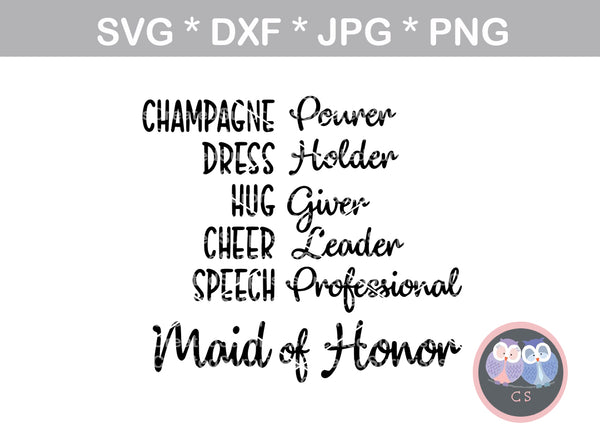 Maid of Honor, title, definition, digital download, SVG, DXF, cut file, personal, commercial, use with Silhouette Cameo, Cricut and Die Cutting Machines